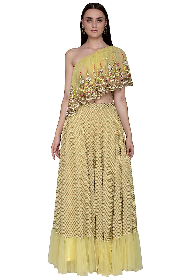 Yellow Asymmetric Blouse With Skirt by Param Sahib