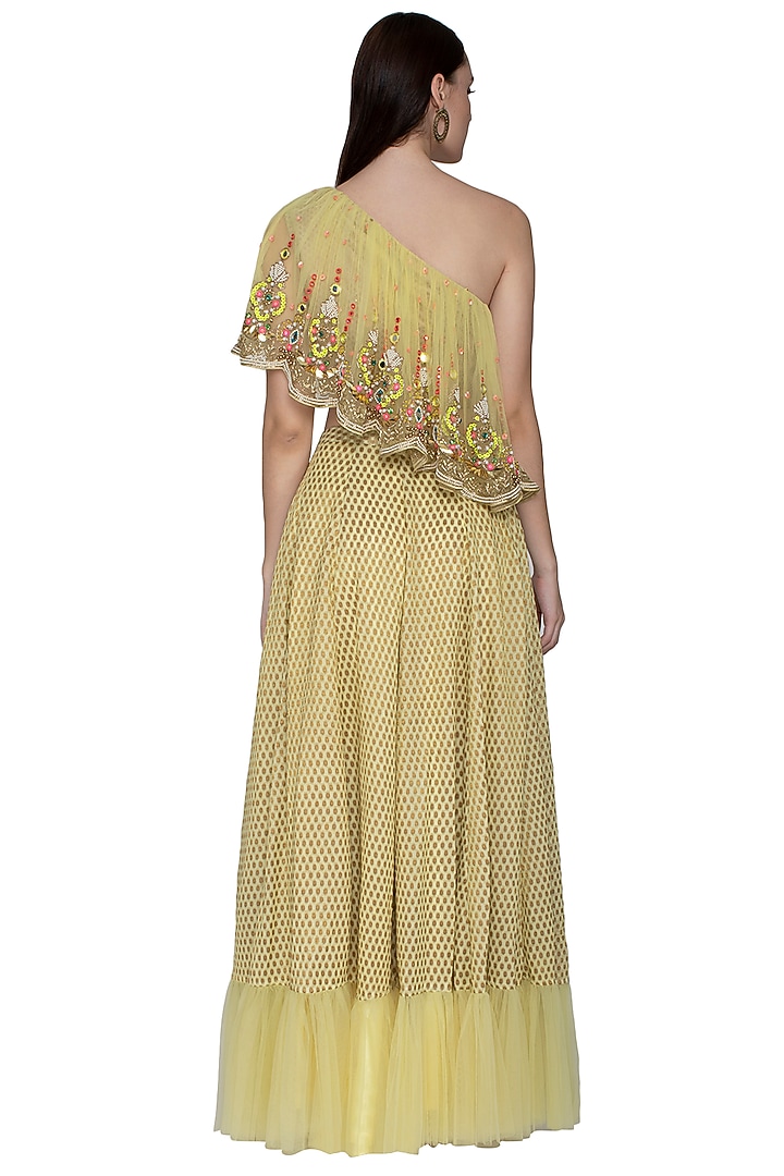 Yellow Asymmetric Blouse With Skirt by Param Sahib at Pernia's Pop Up Shop