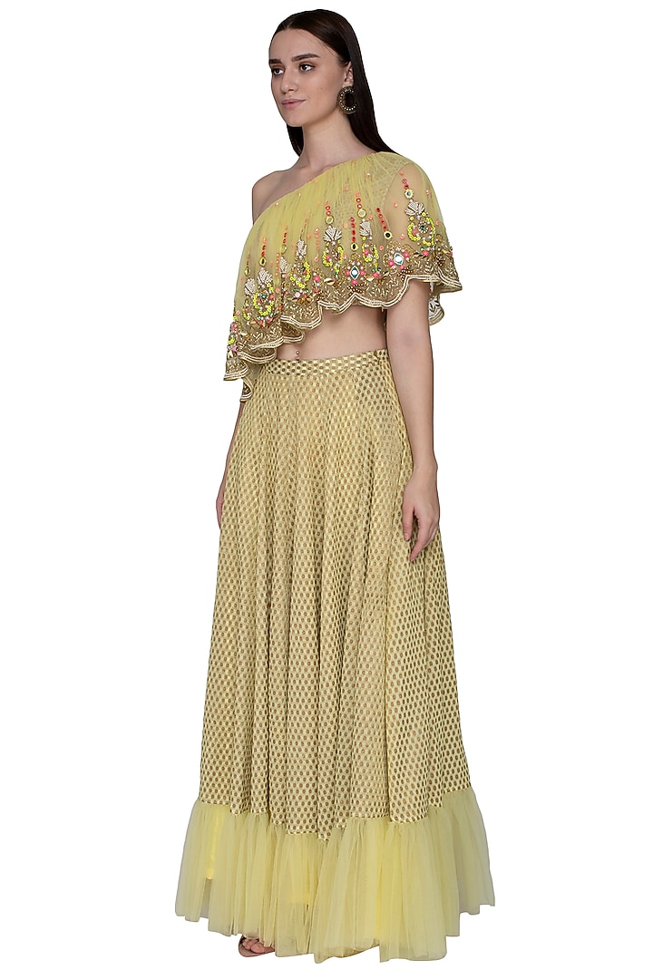 Yellow Asymmetric Blouse With Skirt by Param Sahib at Pernia's Pop Up Shop