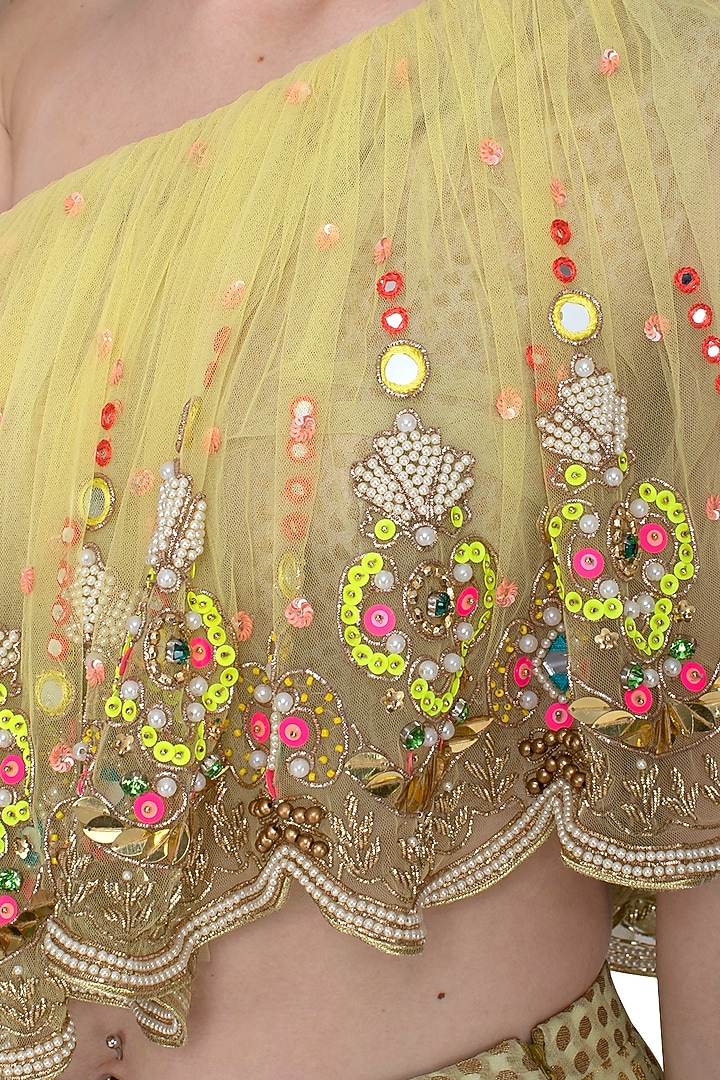 Yellow Asymmetric Blouse With Skirt by Param Sahib at Pernia's Pop Up Shop
