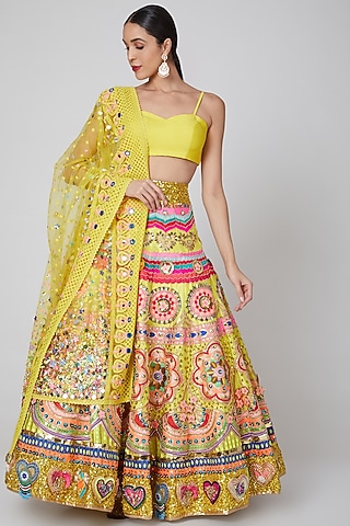 Yellow Embroidered Lehenga Set by Param Sahib