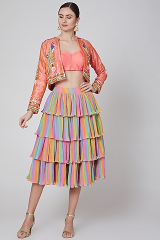 Peach Embroidered Jacket Set by Param Sahib