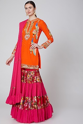 Orange Hand Embroidered Sharara Set by Param Sahib