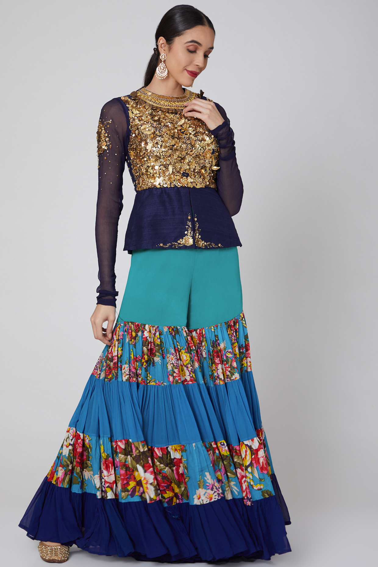 Cobalt Blue Embroidered Sharara Set by Param Sahib