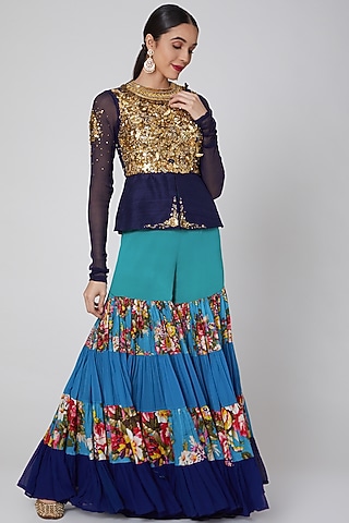 Cobalt Blue Embroidered Sharara Set by Param Sahib