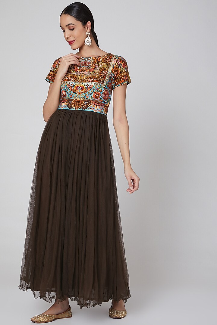 Brown Sequins Embroidered Dress by Param Sahib