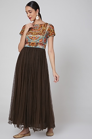 Brown Sequins Embroidered Dress by Param Sahib