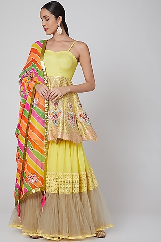 Yellow Embroidered Sharara Set by Param Sahib