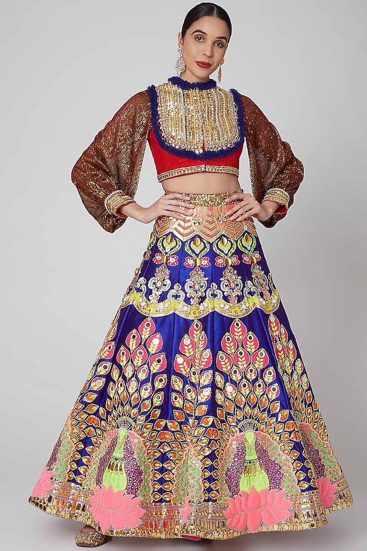 Cobalt Blue Embroidered Lehenga Set by Param Sahib