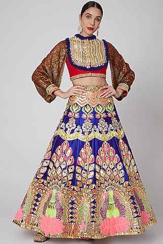 Cobalt Blue Embroidered Lehenga Set by Param Sahib