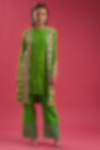 Green Embroidered Jacket Kurta Set by Param Sahib