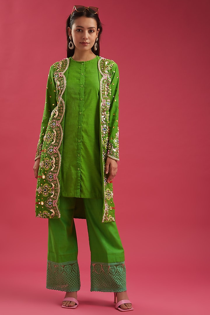 Green Embroidered Jacket Kurta Set by Param Sahib