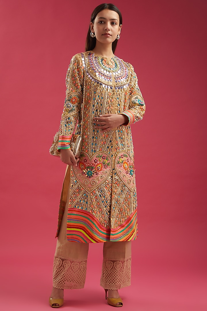 Beige Embroidered Jacket Kurta Set by Param Sahib at Pernia's Pop Up Shop