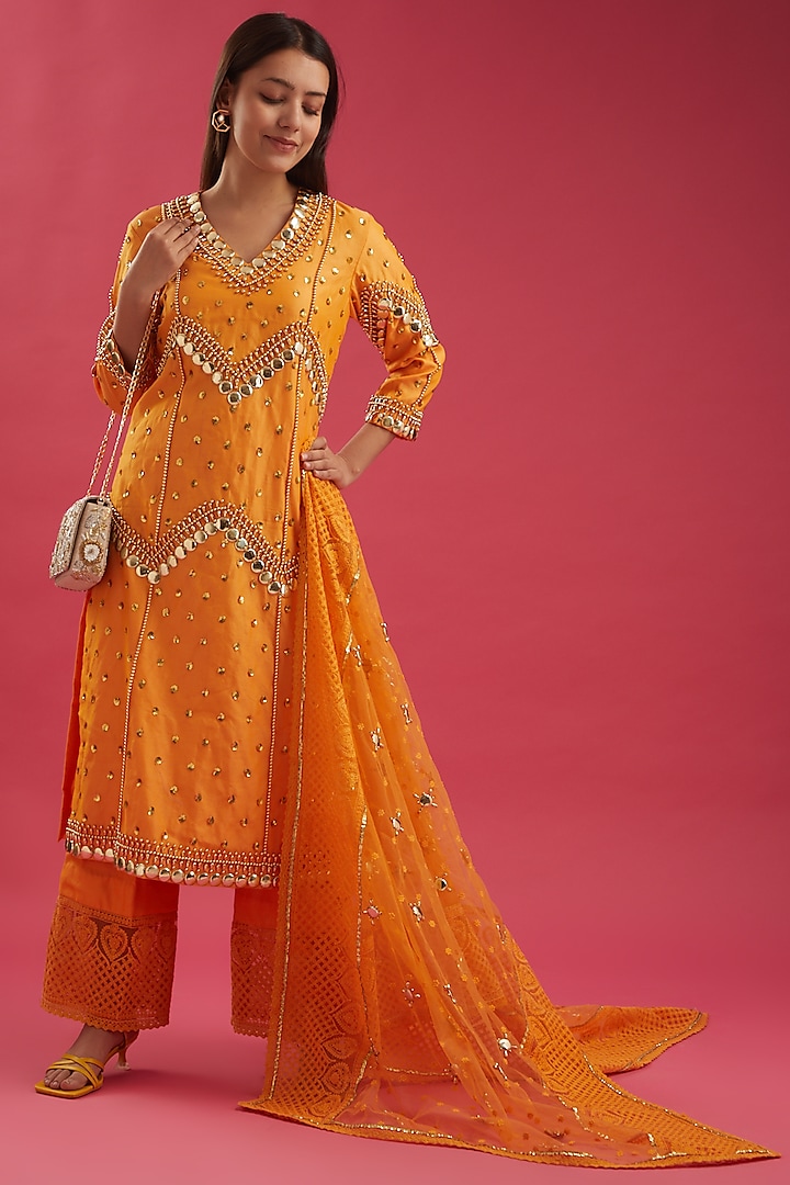 Orange Embroidered Kurta Set by Param Sahib