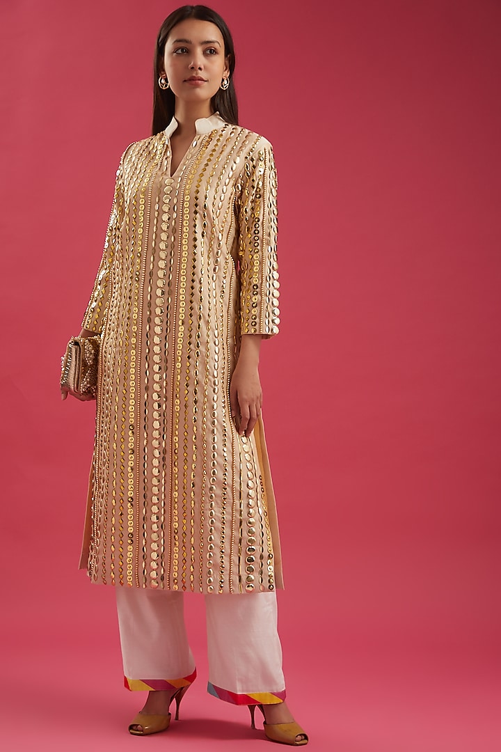 Beige Hand Embroidered Kurta Set by Param Sahib at Pernia's Pop Up Shop