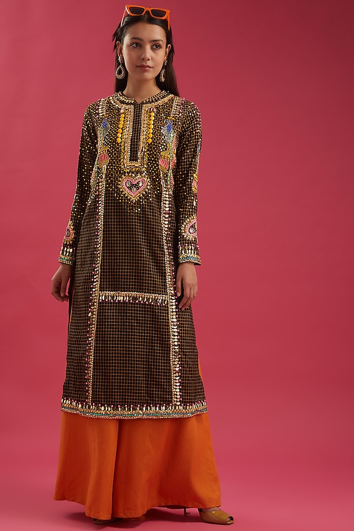 Brown Peacock Hand Embroidered Kurta Set by Param Sahib at Pernia's Pop Up Shop