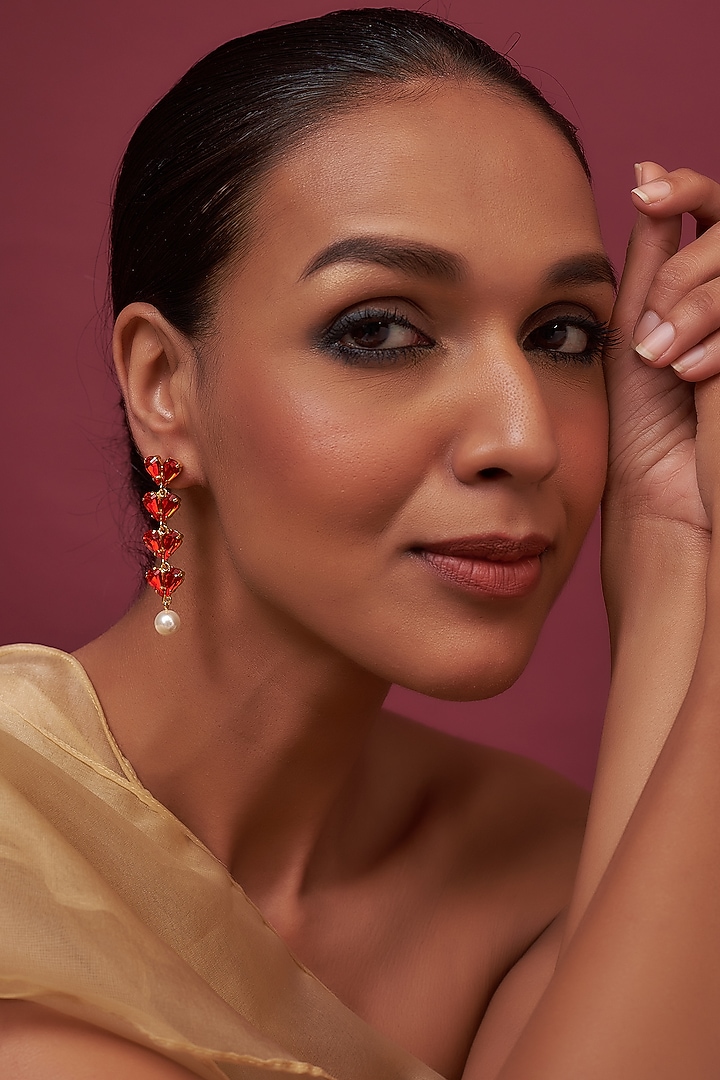 Gold Finish Swarovski Crystal & Pearl Dangler Earrings by Prestones at Pernia's Pop Up Shop