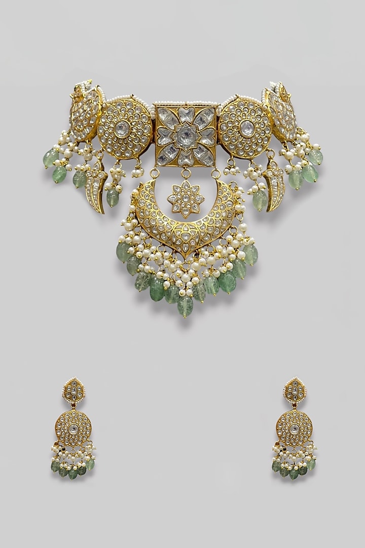 Gold Finish Kundan Polki & Pearl Choker Necklace Set by Prestones at Pernia's Pop Up Shop