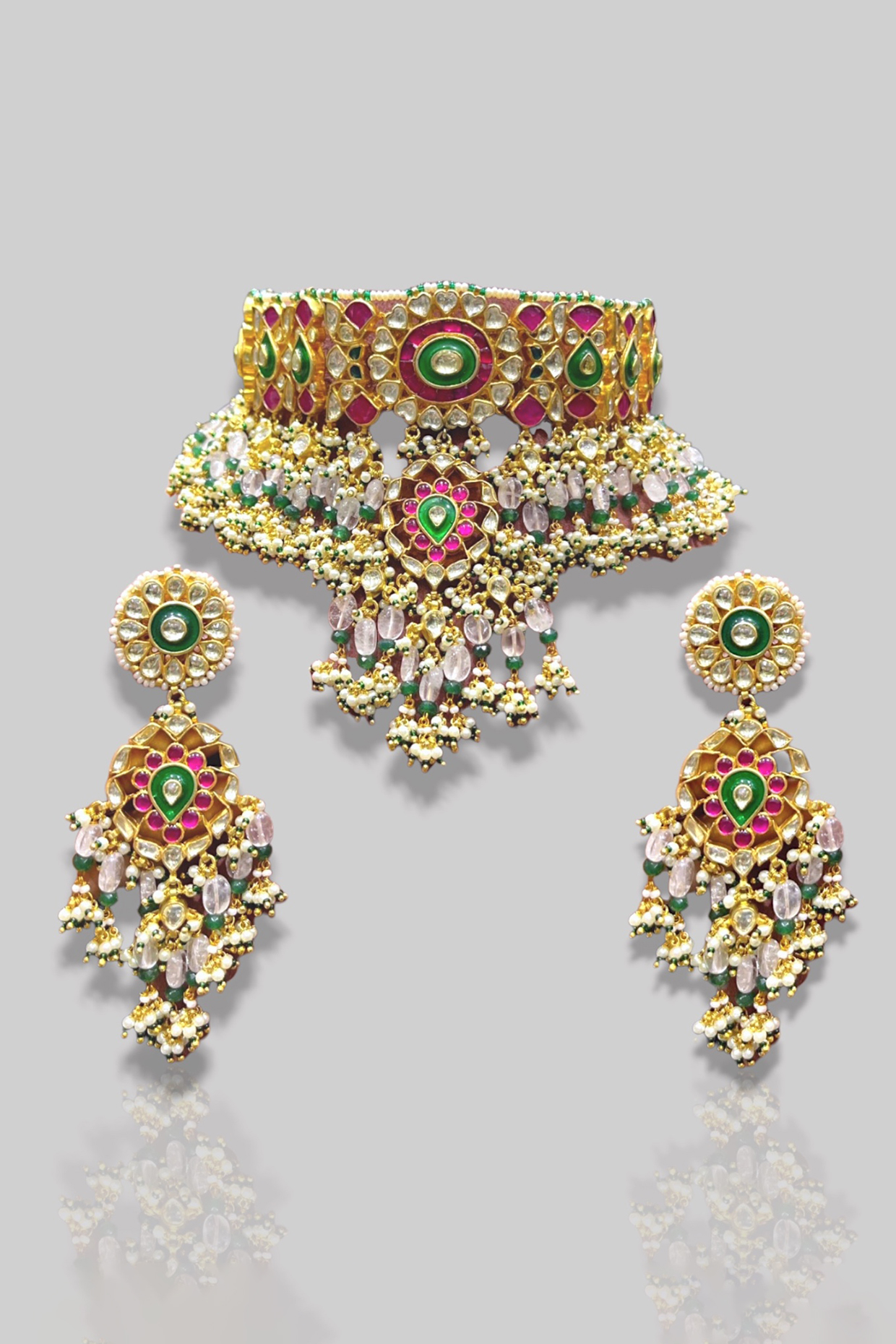 Gold Finish Pachi Kundan Polki & Pearl Choker Necklace Set by Prestones at Pernia's Pop Up Shop