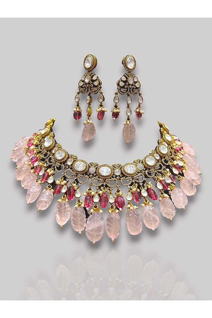 Antique Gold Finish Kundan Polki & Beaded Choker Necklace Set by Prestones at Pernia's Pop Up Shop