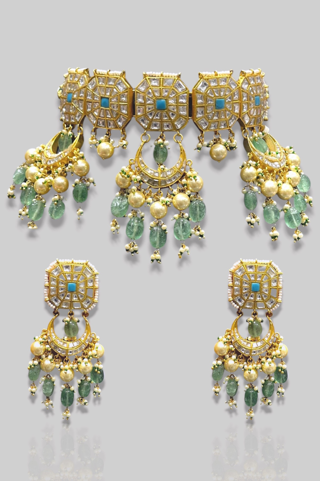 Gold Finish Kundan Polki & Sea Green Beaded Choker Necklace Set by Prestones at Pernia's Pop Up Shop