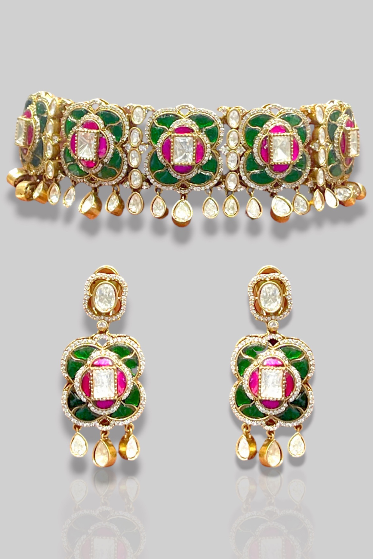 Gold Finish Kundan Polki Green Enameled Choker Necklace Set by Prestones at Pernia's Pop Up Shop