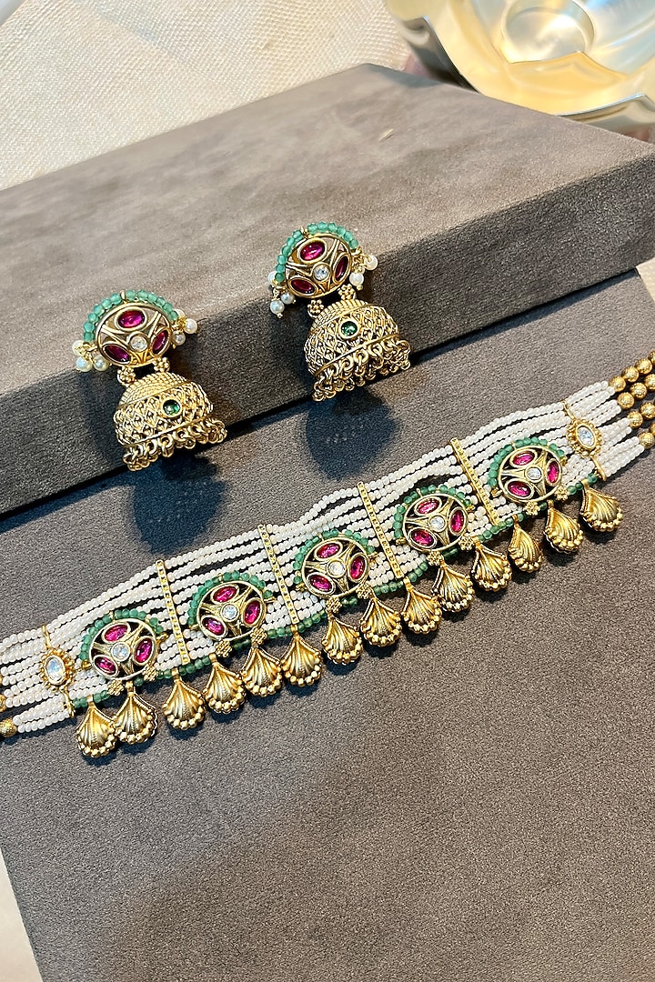 Gold Finish Pearl Choker Necklace Set by Prestones at Pernia's Pop Up Shop