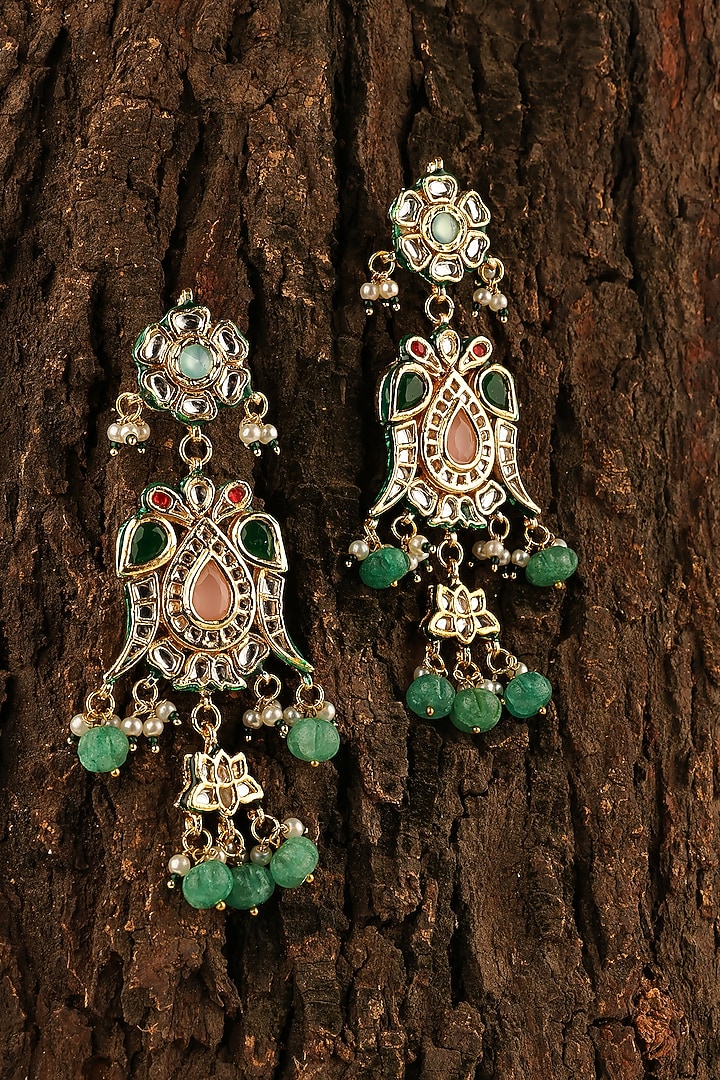Gold Finish Kundan Polki & Green Stone Dangler Earrings by Prestones at Pernia's Pop Up Shop