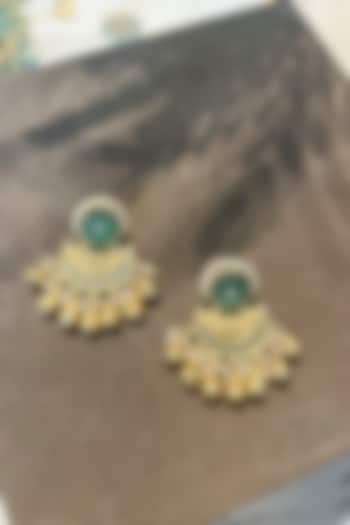 Gold Finish Carved Green Stone Temple Stud Earrings by Prestones at Pernia's Pop Up Shop