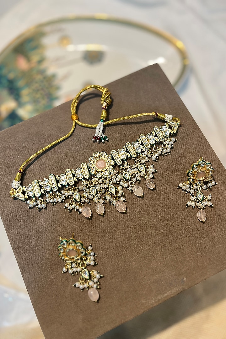 Gold Finish Blush Pink Kundan Polki Choker Necklace Set by Prestones at Pernia's Pop Up Shop