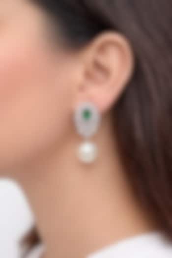 White Finish Zircon & Emerald Stone Stud Earrings by Prestones at Pernia's Pop Up Shop