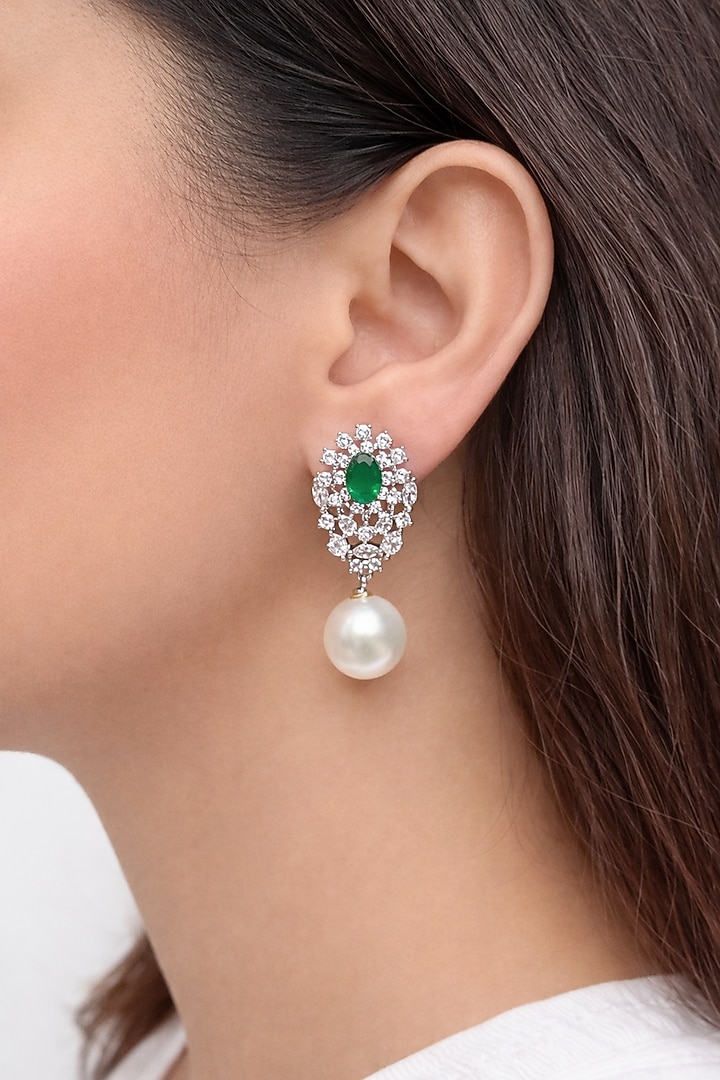 White Finish Zircon & Emerald Stone Stud Earrings by Prestones at Pernia's Pop Up Shop