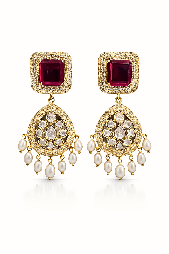 Gold Finish Ruby Kundan Polki & Zircon Dangler Earrings by Prestones at Pernia's Pop Up Shop