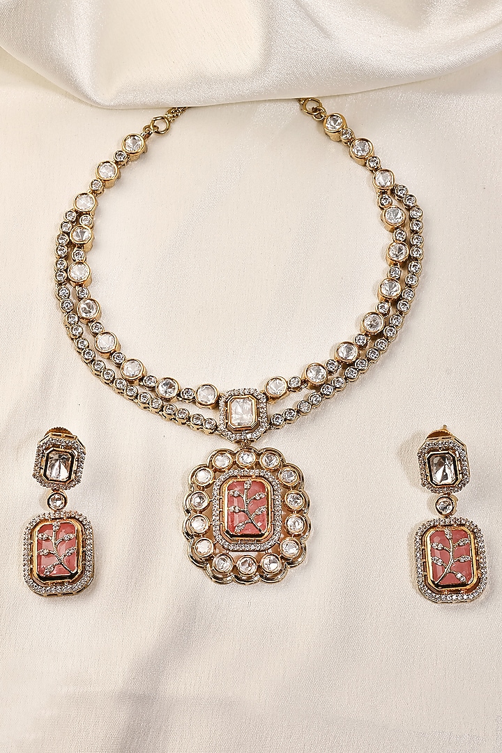 Gold Finish Pink Kundan Polki Long Floral Necklace Set by Prestones at Pernia's Pop Up Shop
