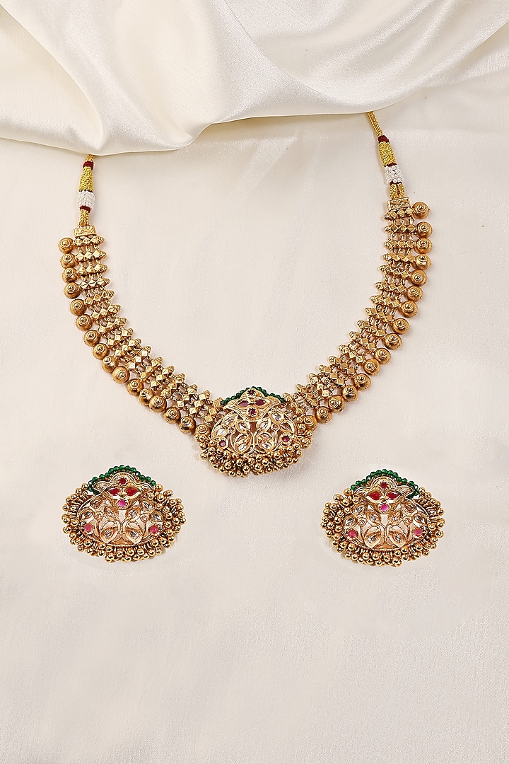 Gold Finish Green Stone Temple Necklace Set by Prestones at Pernia's Pop Up Shop