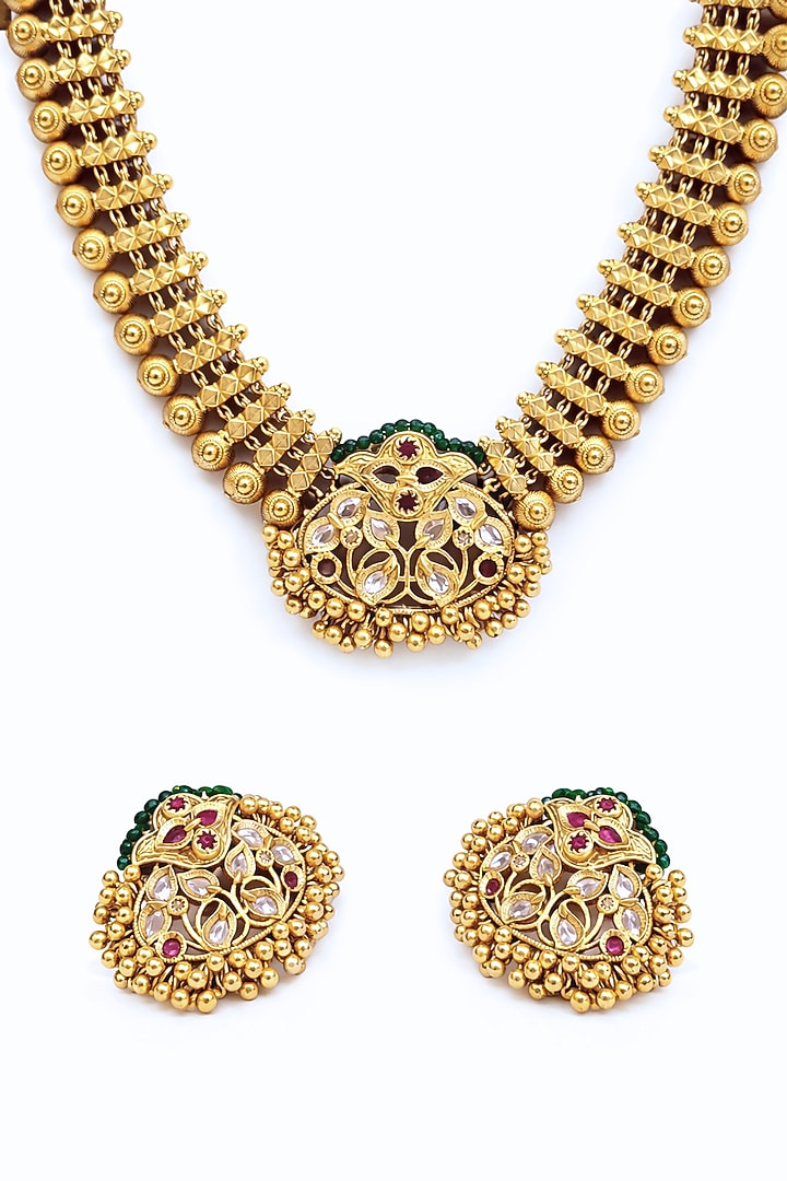 Gold Finish Green Stone Temple Necklace Set by Prestones at Pernia's Pop Up Shop