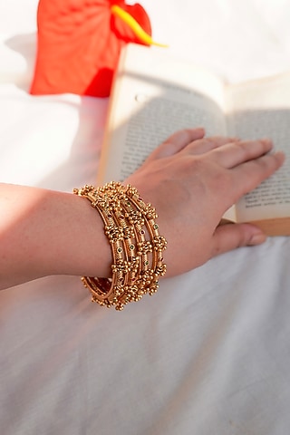 Antique Gold Finish Ghungroo Temple Bangles (Set Of 4) by Prestones