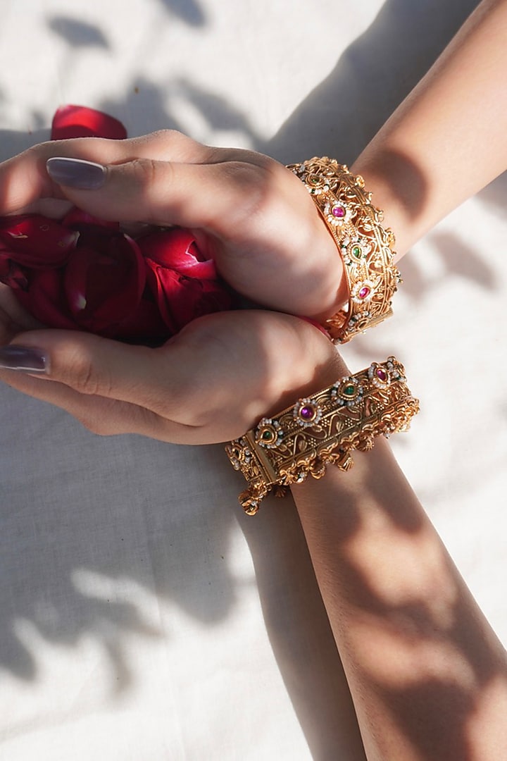 Antique Gold Finish Carved Motif Temple Bangles (Set of 2) by Prestones at Pernia's Pop Up Shop