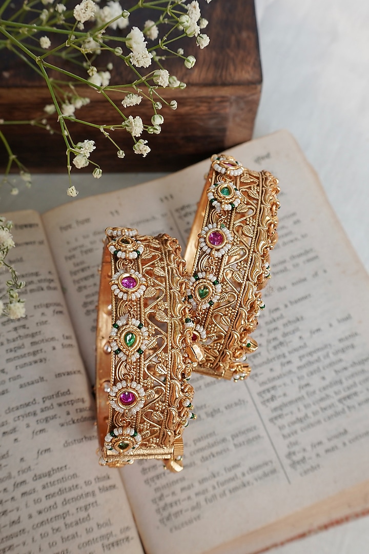 Antique Gold Finish Carved Motif Temple Bangles (Set of 2) by Prestones at Pernia's Pop Up Shop
