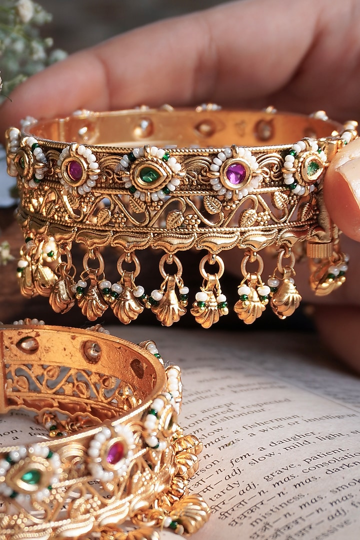 Antique Gold Finish Carved Motif Temple Bangles (Set of 2) by Prestones at Pernia's Pop Up Shop