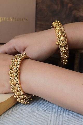Antique Gold Finish Temple Bangles (Set of 2) by Prestones