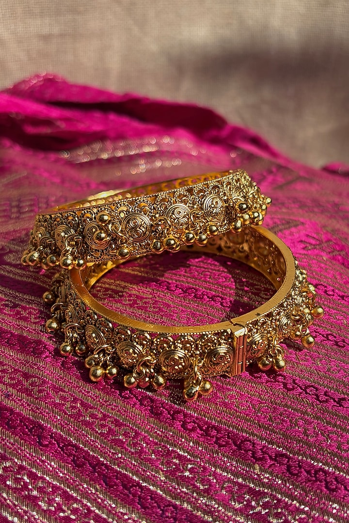Antique Gold Finish Temple Bangles (Set of 2) by Prestones at Pernia's Pop Up Shop