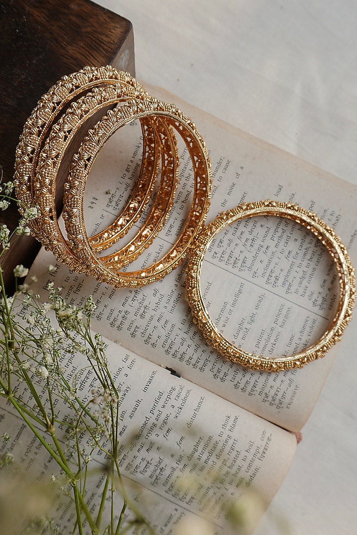 Antique Gold Finish Beadwork Temple Bangles (Set Of 4) by Prestones at Pernia's Pop Up Shop