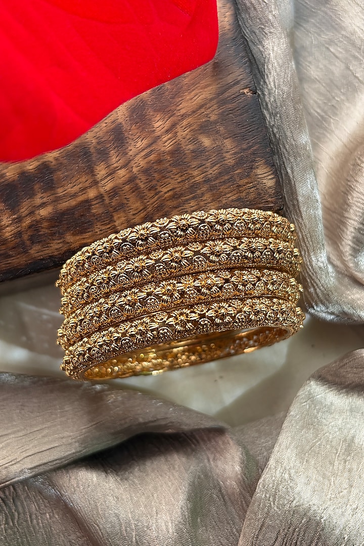 Antique Gold Finish Beadwork Temple Bangles (Set Of 4) by Prestones at Pernia's Pop Up Shop