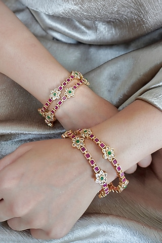 Antique Gold Finish Ruby & Emerald Temple Bangles (Set Of 4) by Prestones