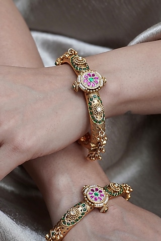 Gold Finish Green & Pink Stone Temple Bangles (Set Of 2) by Prestones