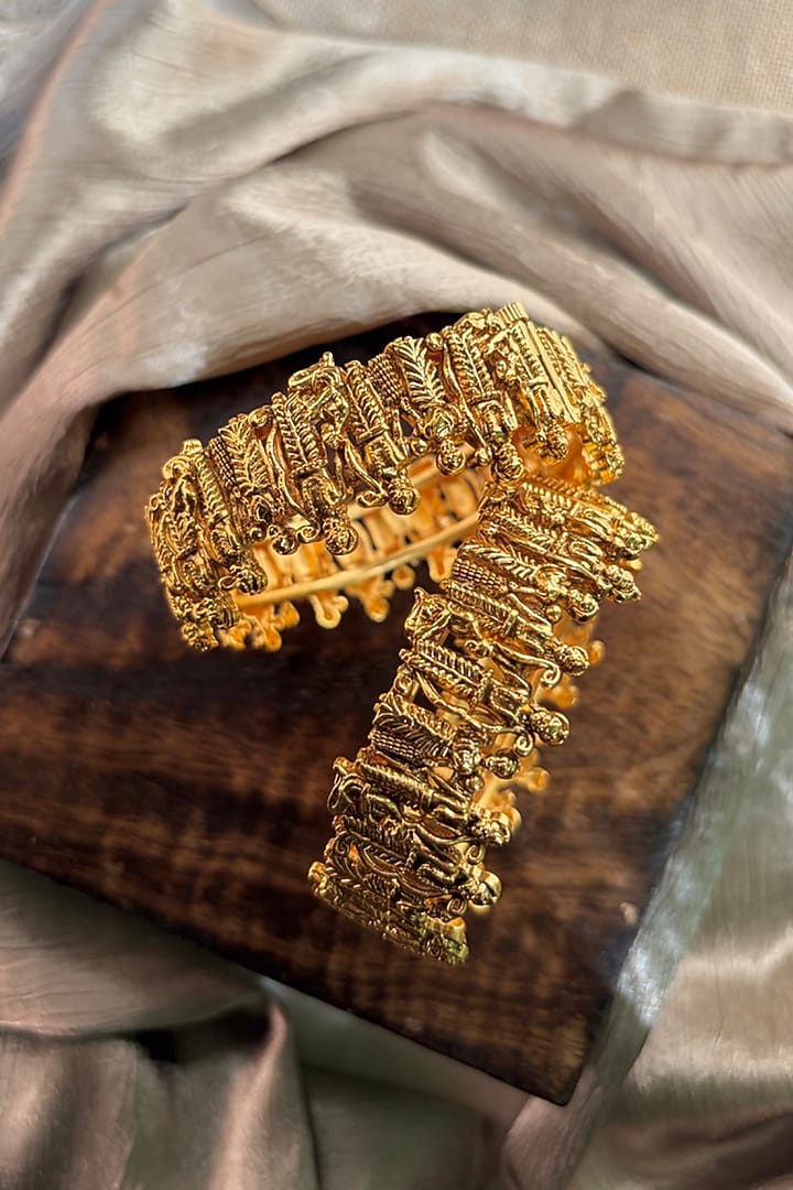 Antique Gold Finish Temple Bangles (Set of 2) by Prestones at Pernia's Pop Up Shop
