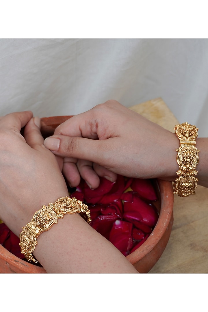 Antique Gold Finish Temple Bangles (Set of 2) by Prestones at Pernia's Pop Up Shop