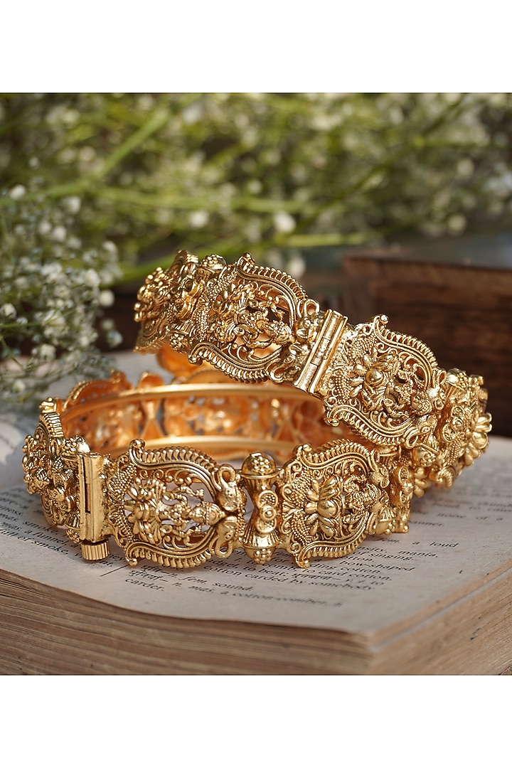 Antique Gold Finish Temple Bangles (Set of 2) by Prestones at Pernia's Pop Up Shop