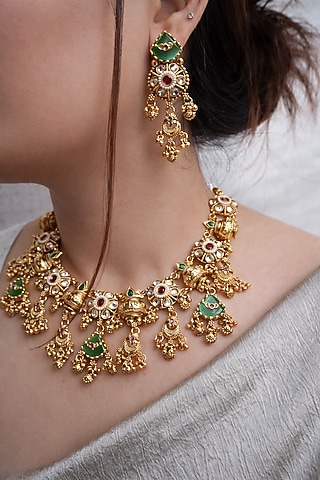 Antique Gold Finish Floral Stone Temple Necklace Set by Prestones